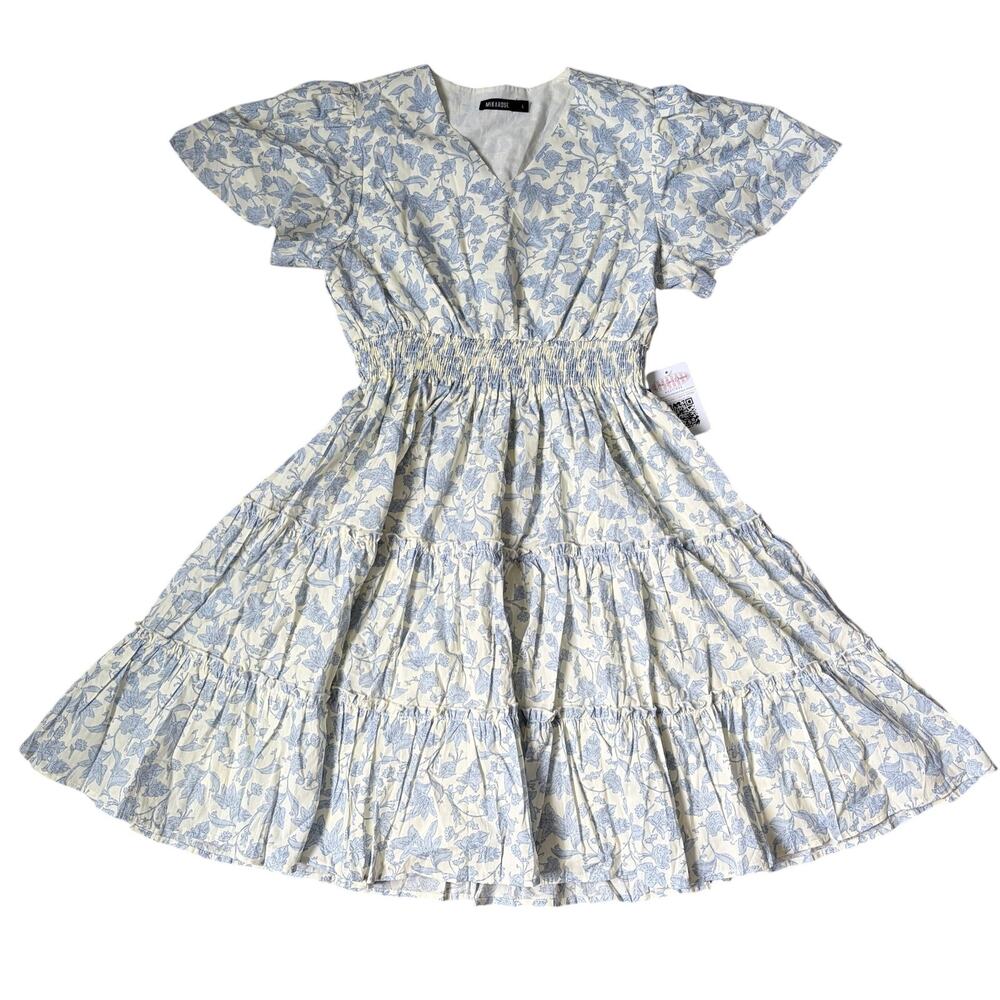 Mikarose Flutter Sleeve 100% Cotton Whimsical V-Neck Dress Sz L Cottagecore